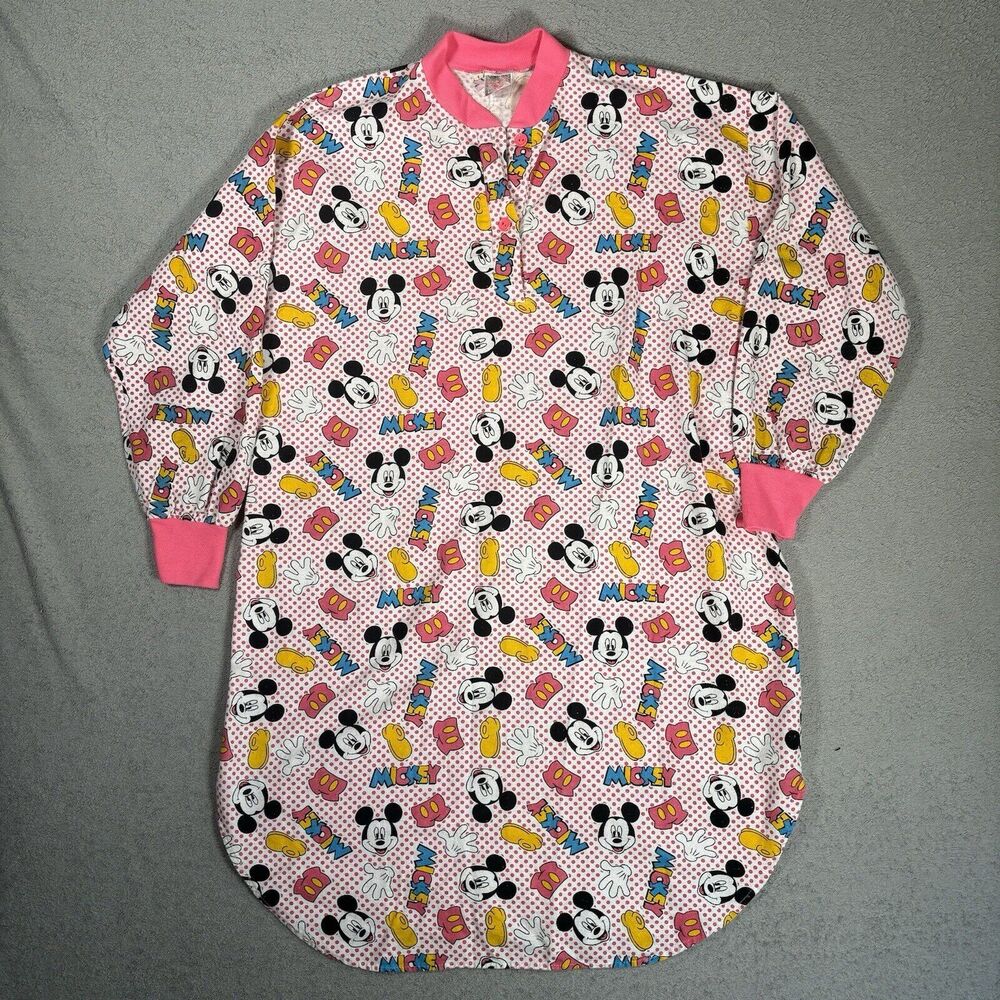 Vintage  80s Mickey Mouse Disney Unlimited Flannel Sleep Gown‎ Shirt Long Sleeve